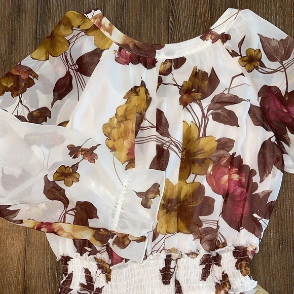 Vintage White Dark Fall Floral Puff Sheer Sleeve Modest Neck Flowy Midi Dress 6 - Picture 8 of 15